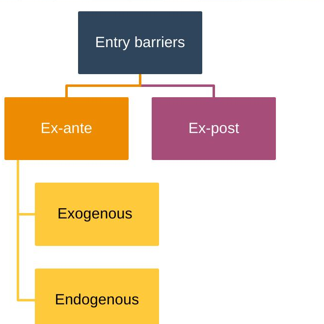 Diagram of entry barrier types: exogenous and endogenous ex-ante barriers, and ex-post barriers