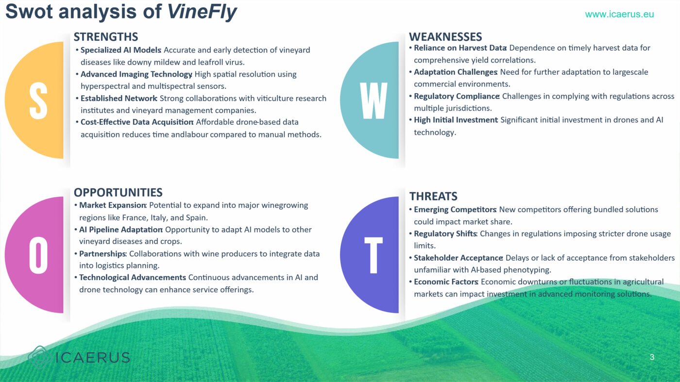SWOT analysis of VineFly, a hypothetical vineyard disease detection company, with strengths, weaknesses, opportunities and threats listed